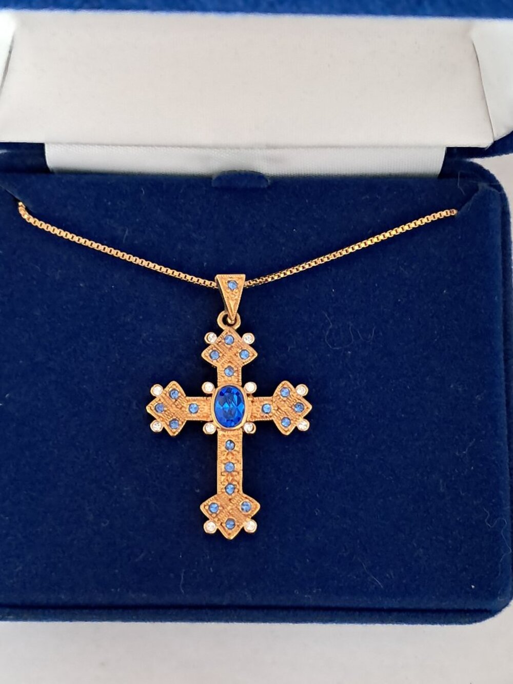 Camrose & Kross Jacqueline Kennedy Blue Rhinestone Gold Tone Cross Necklace